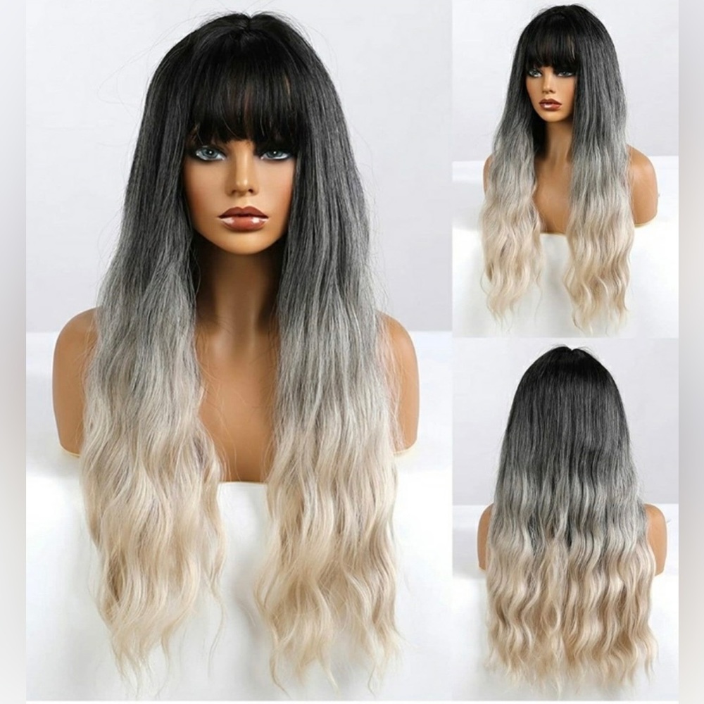 22in Wavey Wig - Silver Platinum Blonde White Ombre Human Synthetic Hair NEW